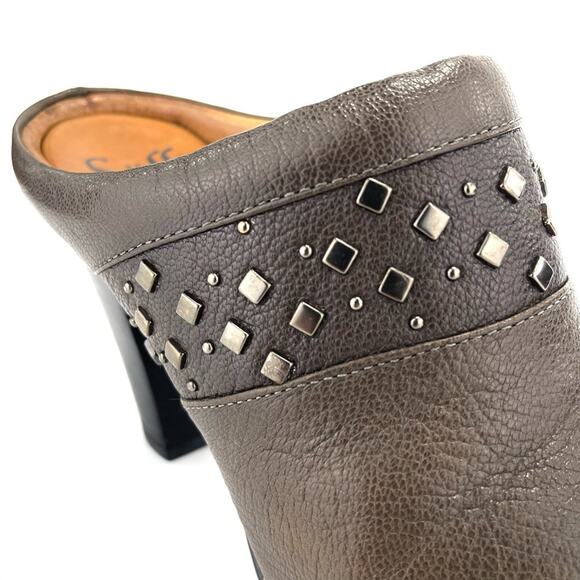 Sofft Soleil High Heel Clog/Mule Size 7.5 Brown/Green Leather Cushioned Studded - Picture 11 of 15